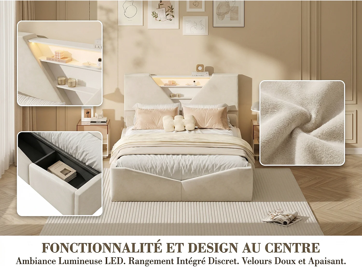 Lit coffre 160x200 cm avec tête de lit triangulaire - LEDs - Recharge sans fil - Sommier à lattes et espace de rangement intégré
