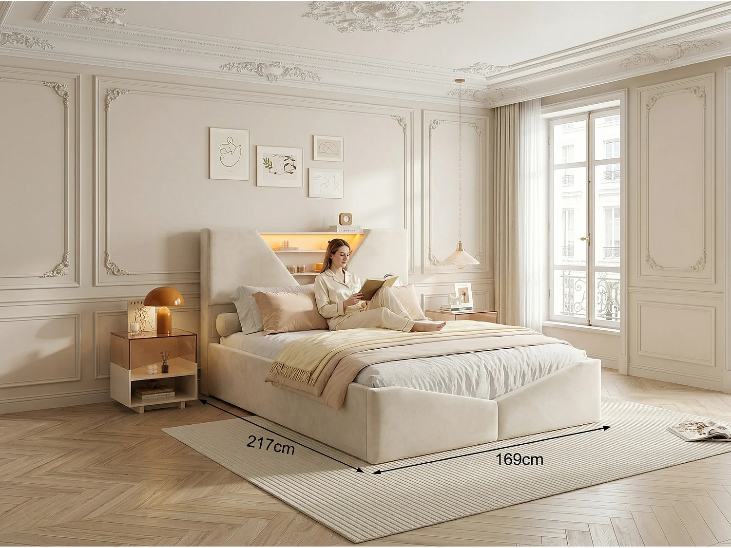Lit coffre 160x200 cm avec tête de lit triangulaire - LEDs - Recharge sans fil - Sommier à lattes et espace de rangement intégré
