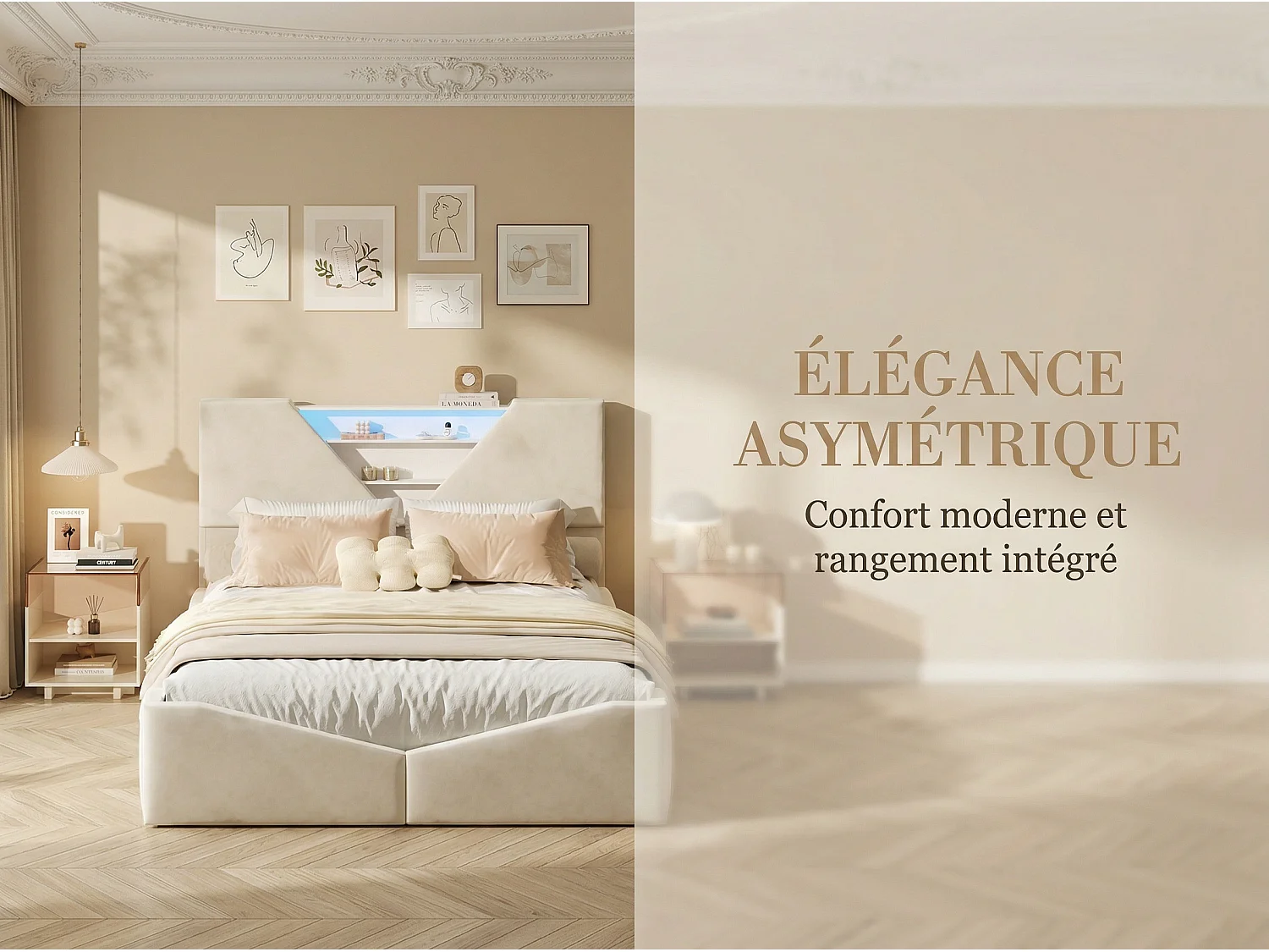 Lit coffre 160x200 cm avec tête de lit triangulaire - LEDs - Recharge sans fil - Sommier à lattes et espace de rangement intégré