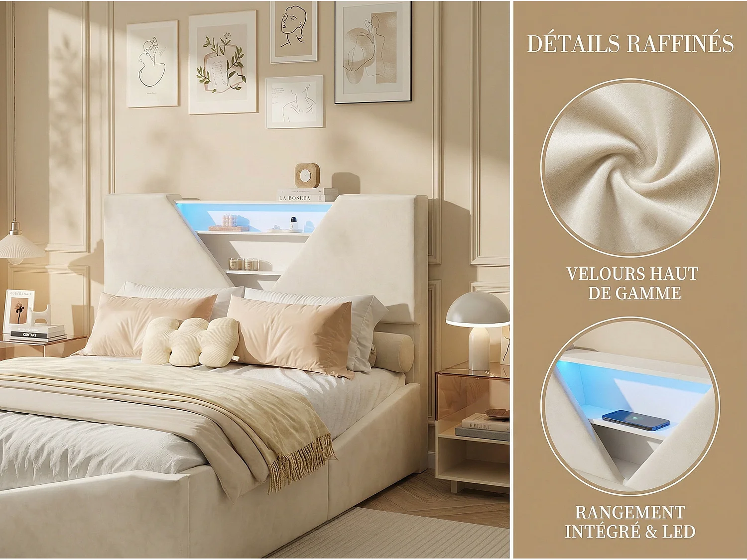 Lit coffre 160x200 cm avec tête de lit triangulaire - LEDs - Recharge sans fil - Sommier à lattes et espace de rangement intégré