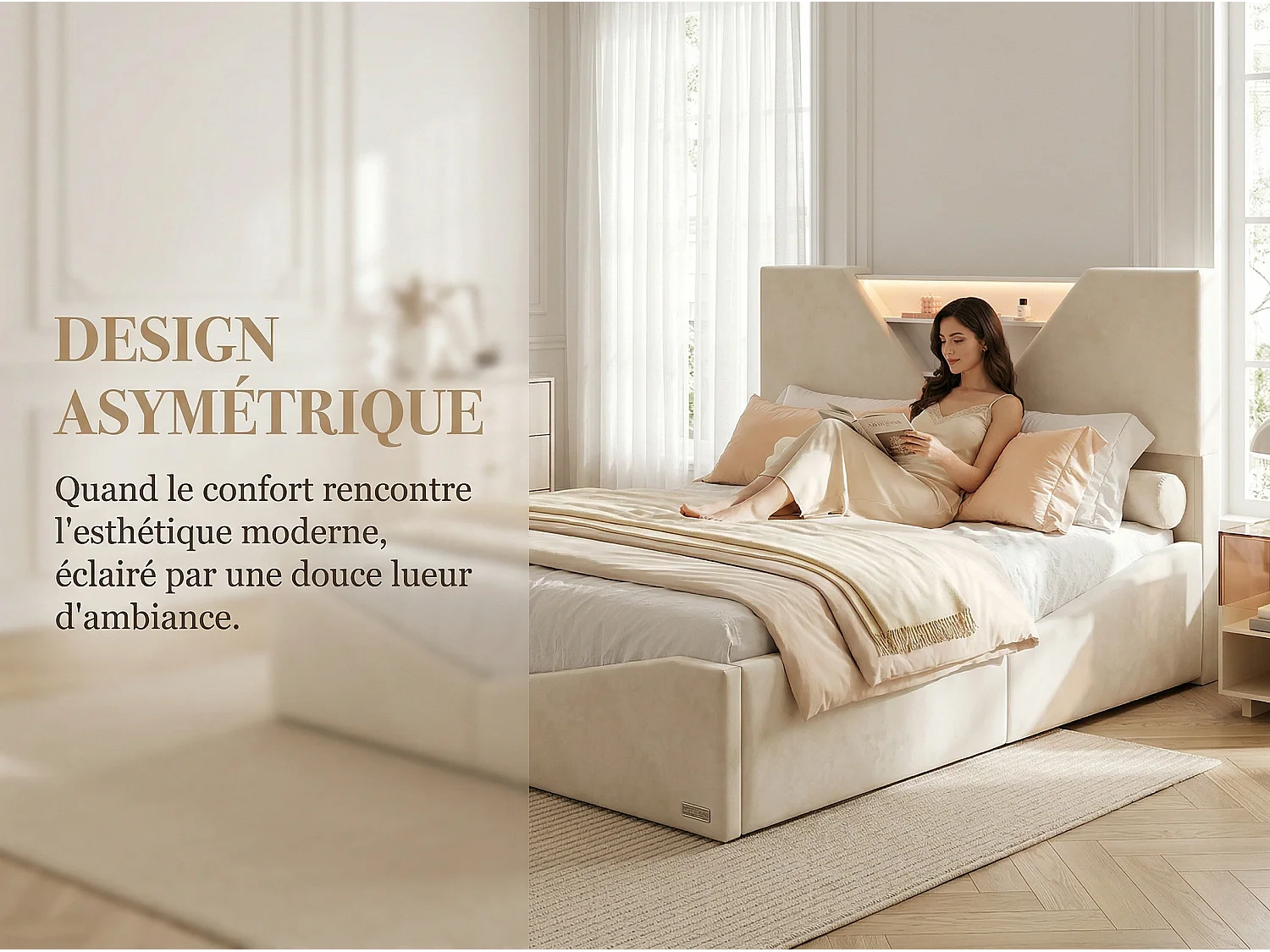 Lit coffre 160x200 cm avec tête de lit triangulaire - LEDs - Recharge sans fil - Sommier à lattes et espace de rangement intégré