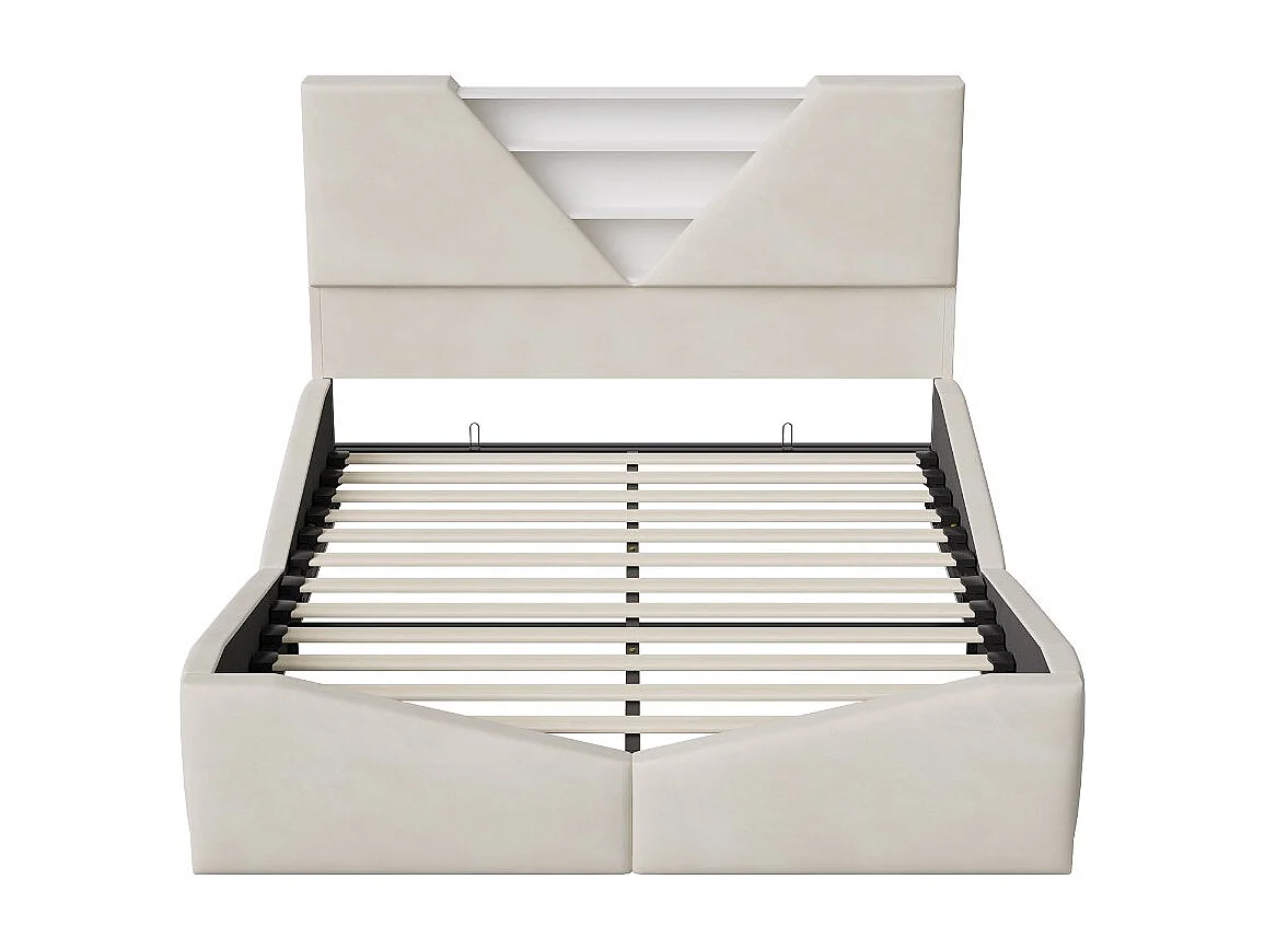 Lit coffre 160x200 cm avec tête de lit triangulaire - LEDs - Recharge sans fil - Sommier à lattes et espace de rangement intégré