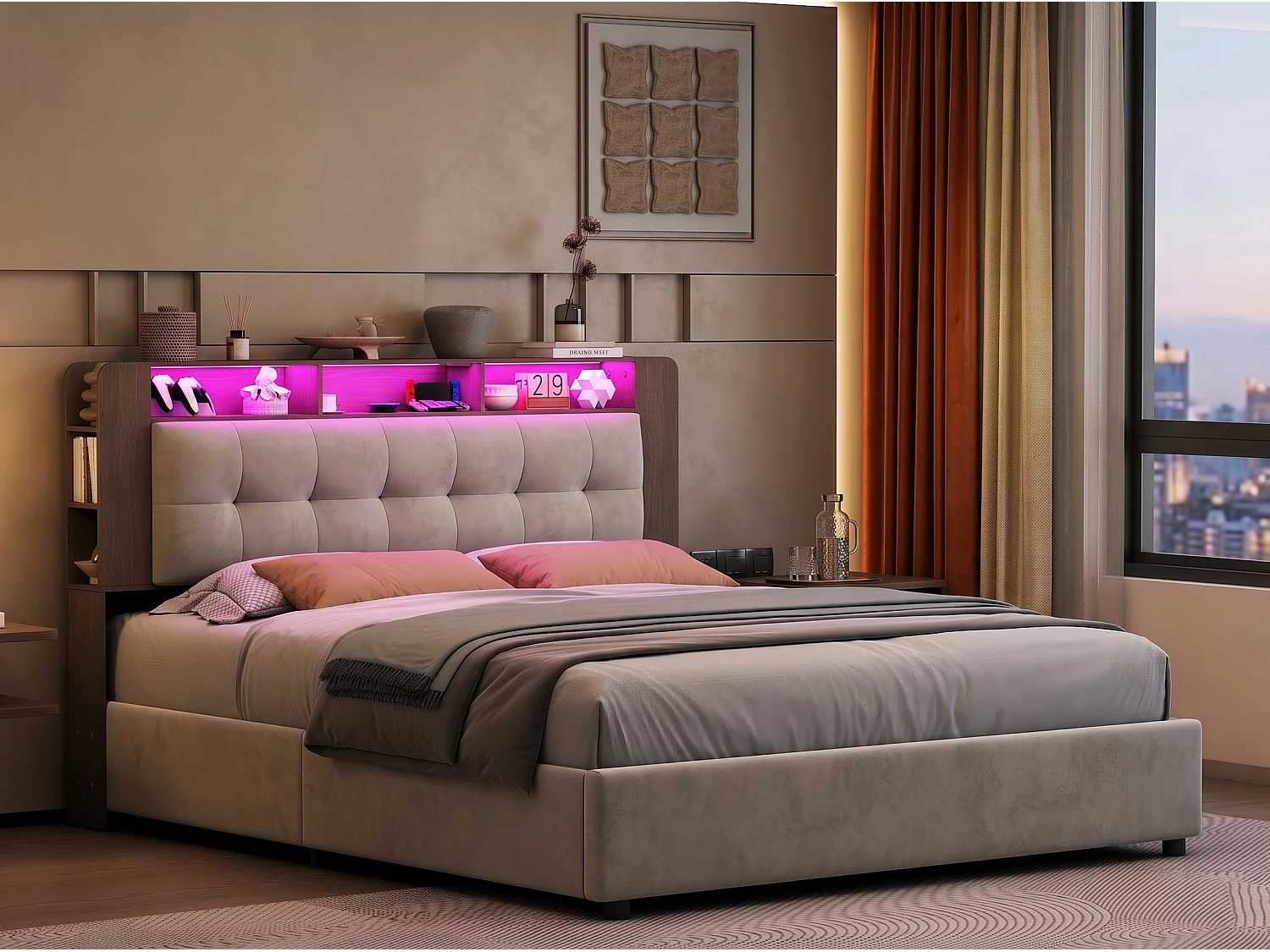 Lit coffre 160x200 cm avec tête de lit - LEDs - Étagères et rangements latéraux - Sommier à lattes - Rangement hydraulique ou tiroirs