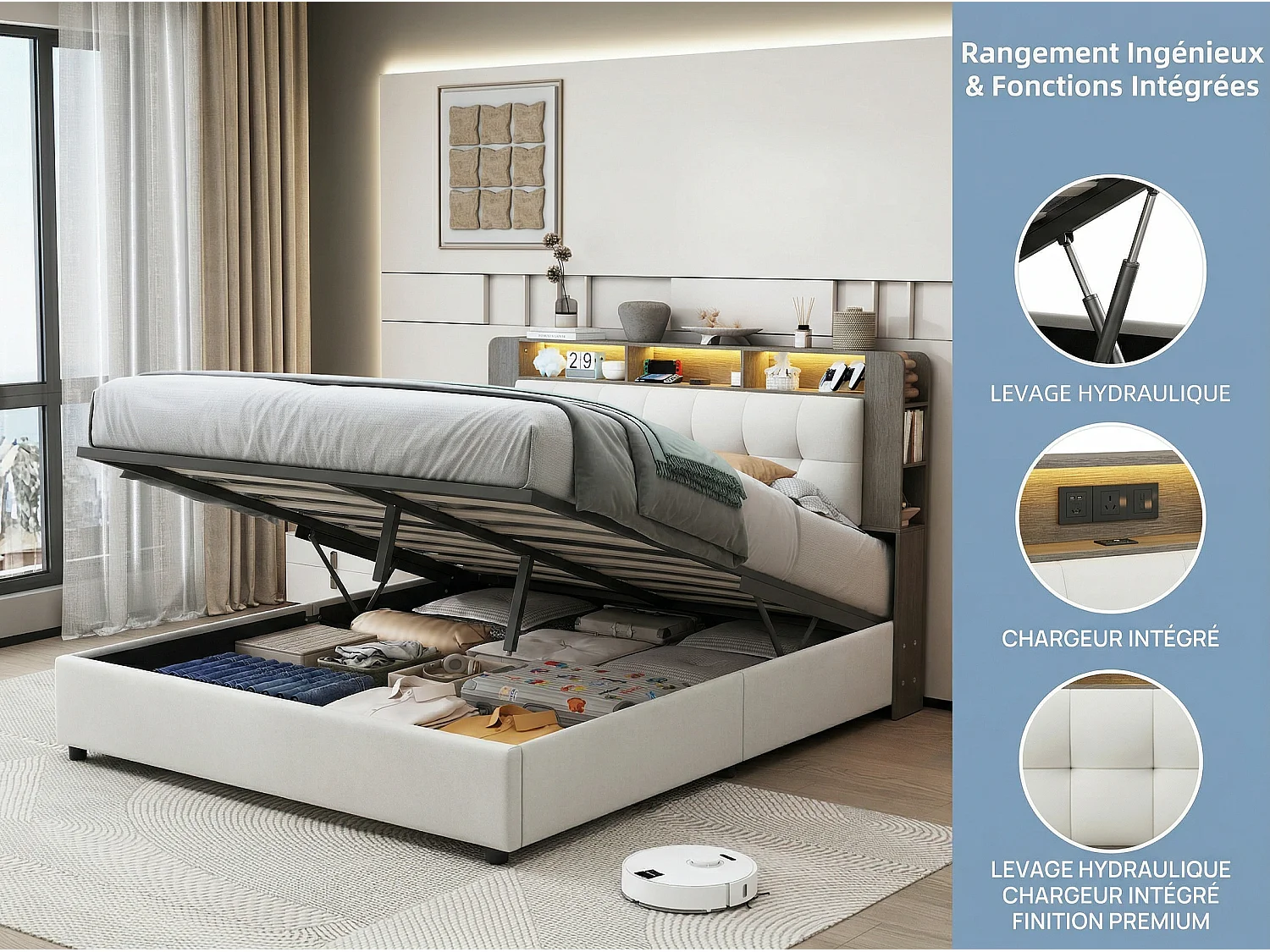 Lit coffre 160x200 cm avec tête de lit - LEDs - Étagères et rangements latéraux - Sommier à lattes - Rangement hydraulique ou tiroirs
