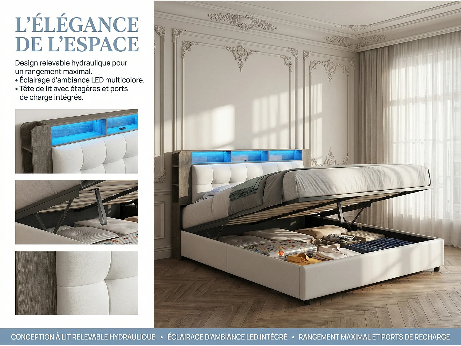 Lit coffre 160x200 cm avec tête de lit - LEDs - Étagères et rangements latéraux - Sommier à lattes - Rangement hydraulique ou tiroirs