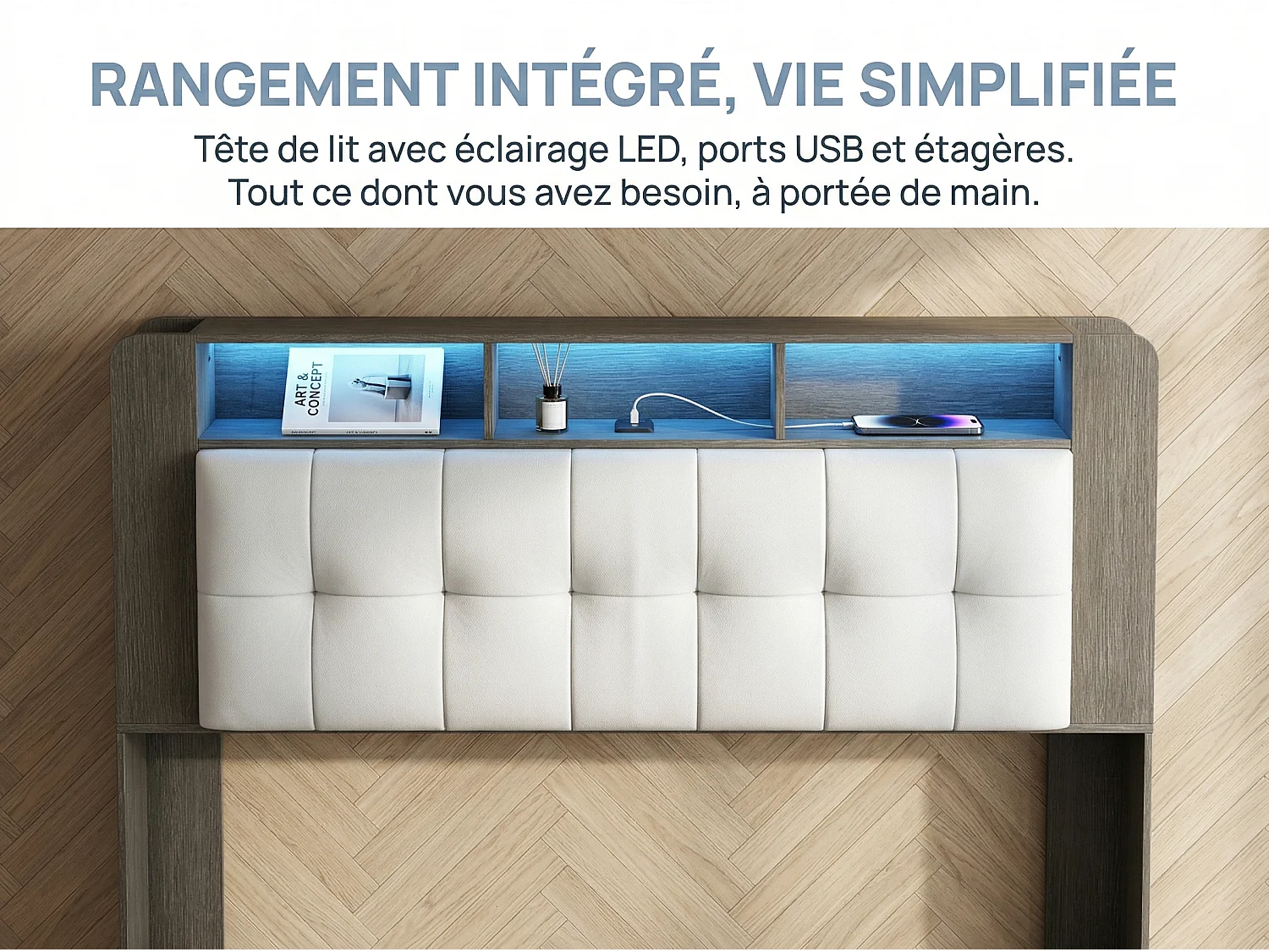 Lit coffre 160x200 cm avec tête de lit - LEDs - Étagères et rangements latéraux - Sommier à lattes - Rangement hydraulique ou tiroirs