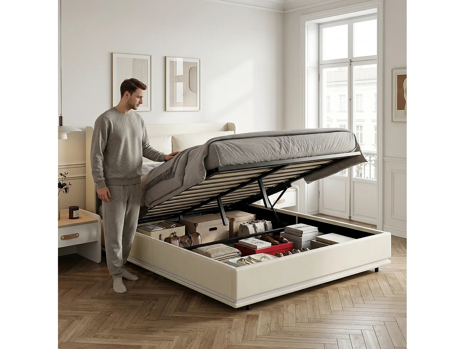 Lit coffre 160x200 cm avec tête de lit - LEDs - Étagères et rangements latéraux - Sommier à lattes - Rangement hydraulique ou tiroirs