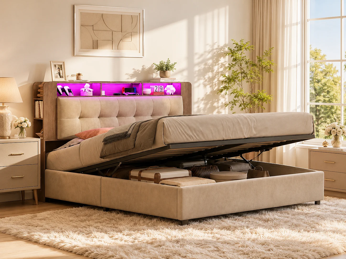 Lit coffre 160x200 cm avec tête de lit - LEDs - Étagères et rangements latéraux - Sommier à lattes