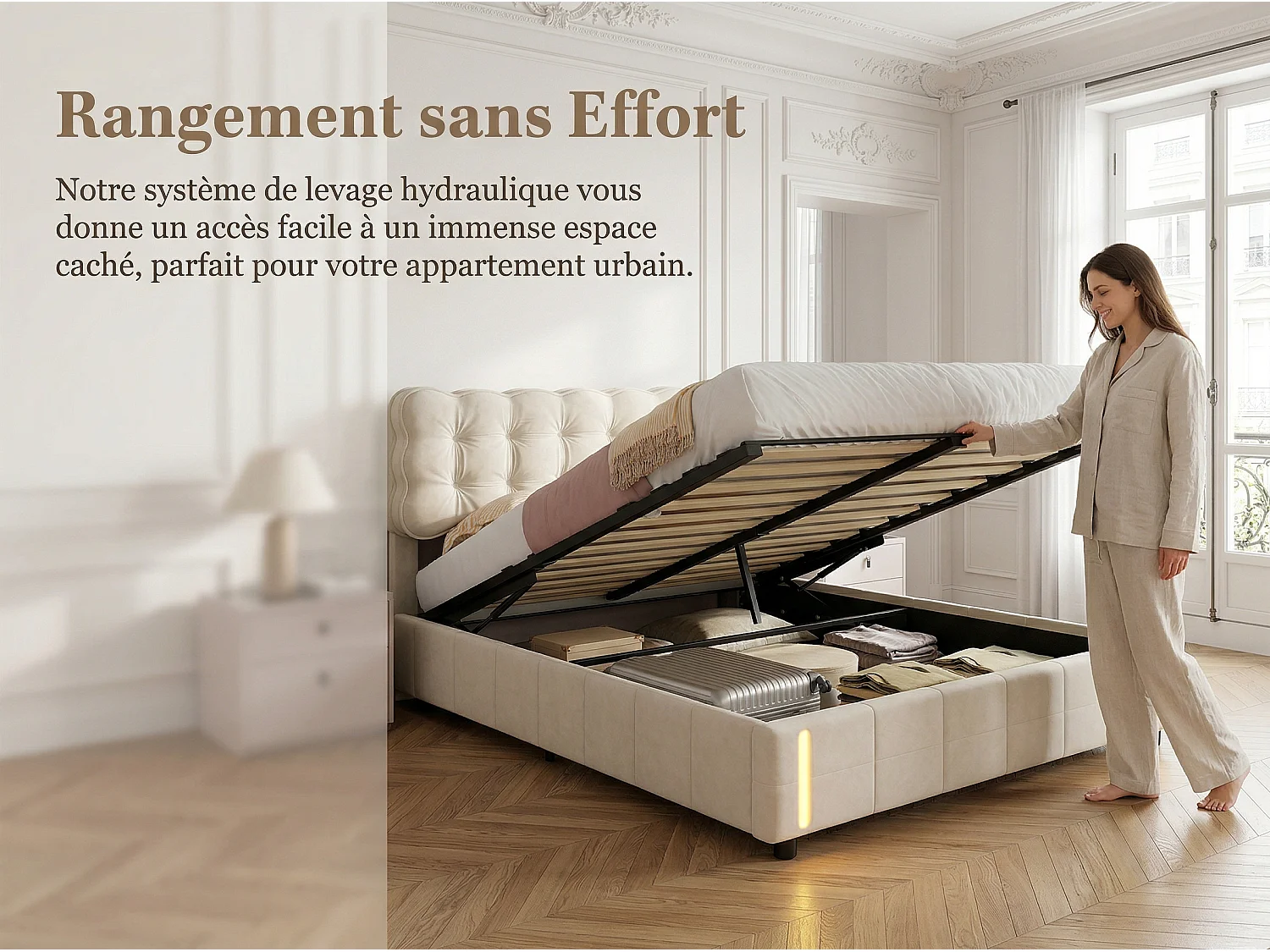 Lit coffre 140×200 cm en velours beige avec LED et rangement – Sommier à lattes
