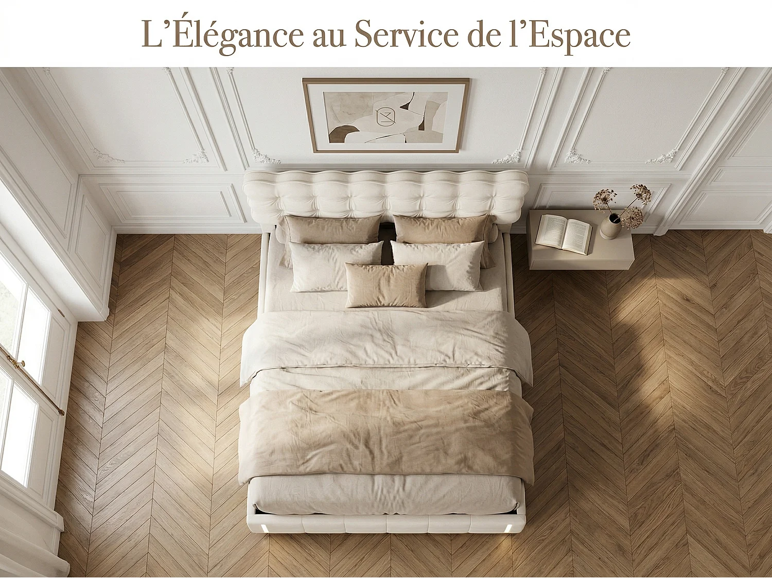 Lit coffre 140×200 cm en velours beige avec LED et rangement – Sommier à lattes