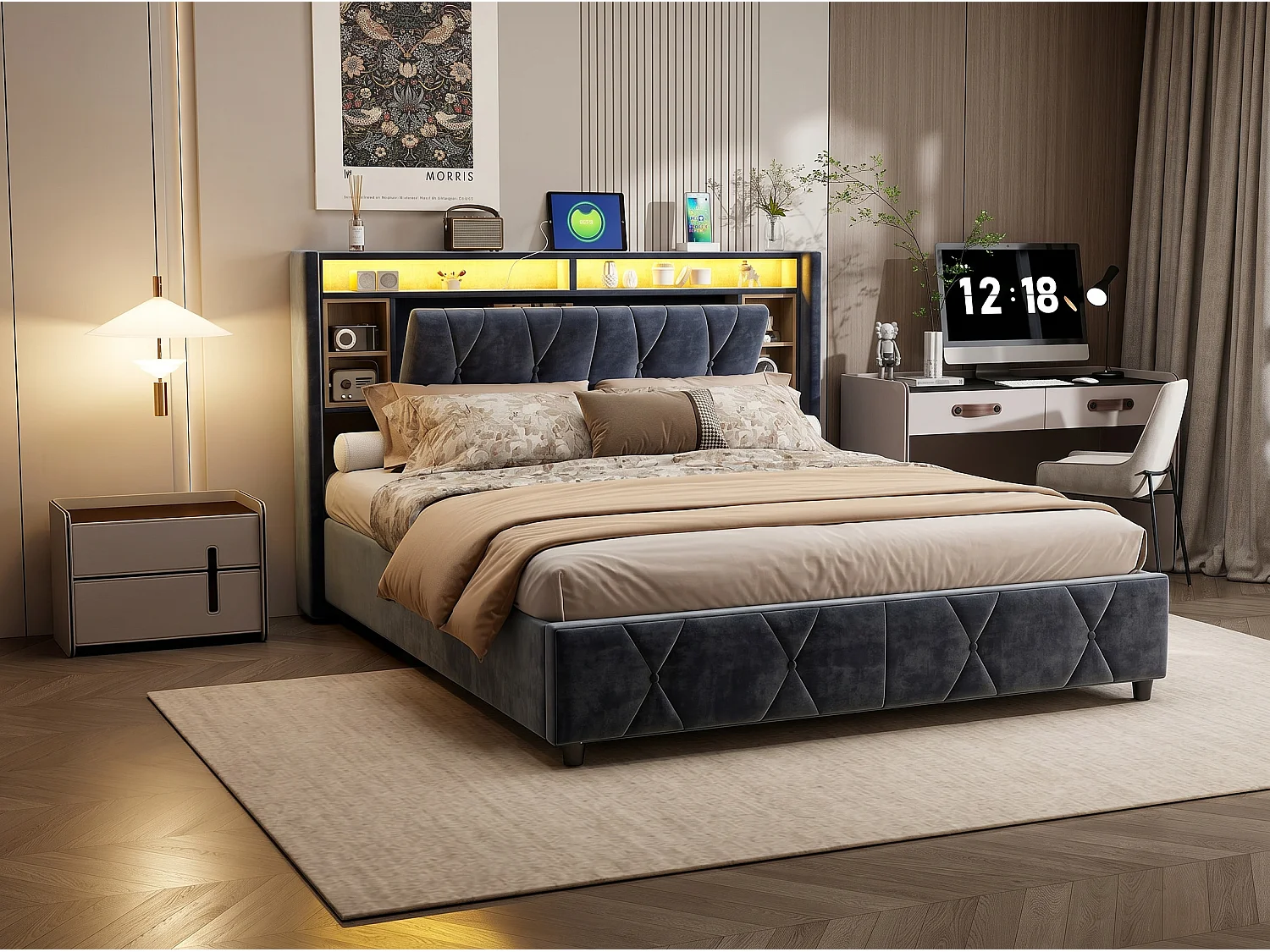 Lit coffre 140x200 cm avec tête de lit - LEDs RGB - Velours gris - Prises USB et Type-C - Sommier à lattes et espace de rangement hydraulique