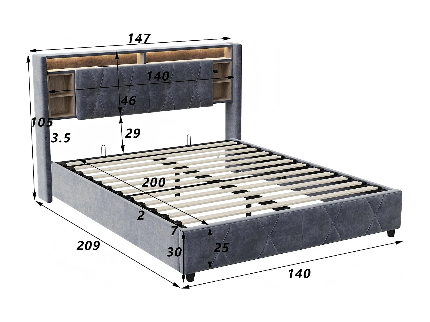 Lit coffre 140x200 cm avec tête de lit - LEDs RGB - Velours gris - Prises USB et Type-C - Sommier à lattes et espace de rangement hydraulique