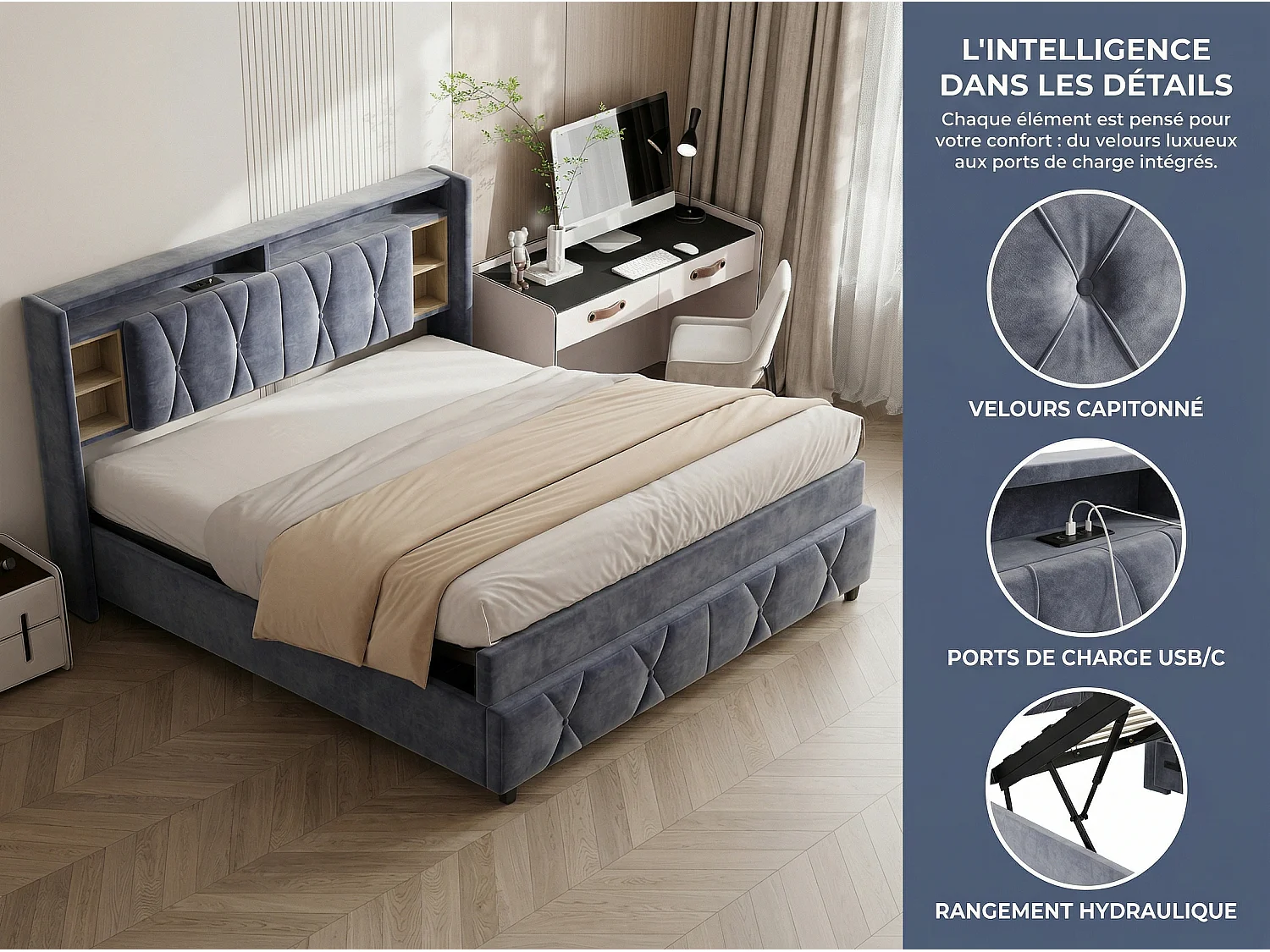 Lit coffre 140x200 cm avec tête de lit - LEDs RGB - Velours gris - Prises USB et Type-C - Sommier à lattes et espace de rangement hydraulique