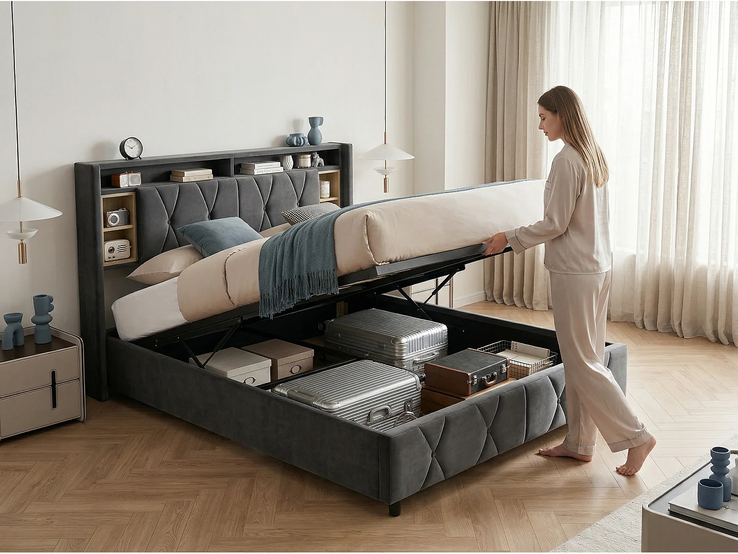 Lit coffre 140x200 cm avec tête de lit - LEDs RGB - Velours gris - Prises USB et Type-C - Sommier à lattes et espace de rangement hydraulique