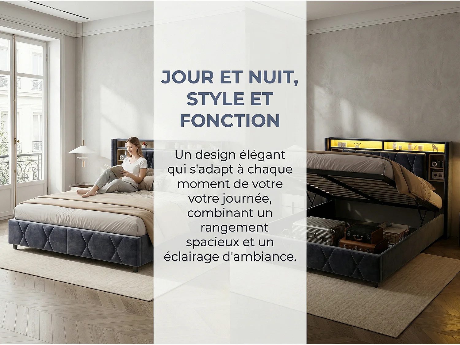 Lit coffre 140x200 cm avec tête de lit - LEDs RGB - Velours gris - Prises USB et Type-C - Sommier à lattes et espace de rangement hydraulique