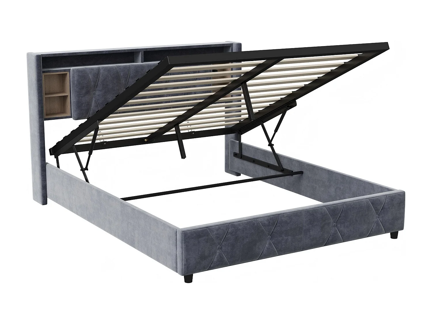 Lit coffre 140x200 cm avec tête de lit - LEDs RGB - Velours gris - Prises USB et Type-C - Sommier à lattes et espace de rangement hydraulique