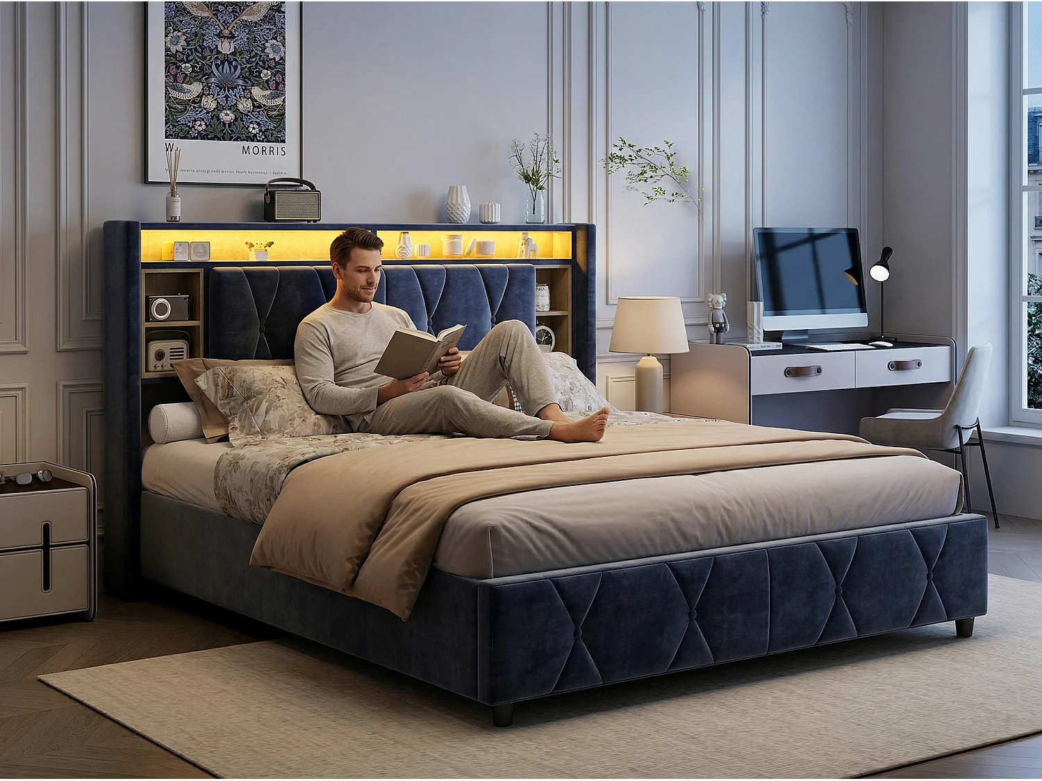 Lit coffre 140x200 cm avec tête de lit - LEDs RGB - Velours gris - Prises USB et Type-C - Sommier à lattes et espace de rangement hydraulique