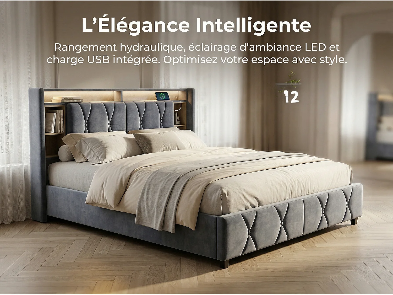 Lit coffre 140x200 cm avec tête de lit - LEDs RGB - Velours gris - Prises USB et Type-C - Sommier à lattes et espace de rangement hydraulique
