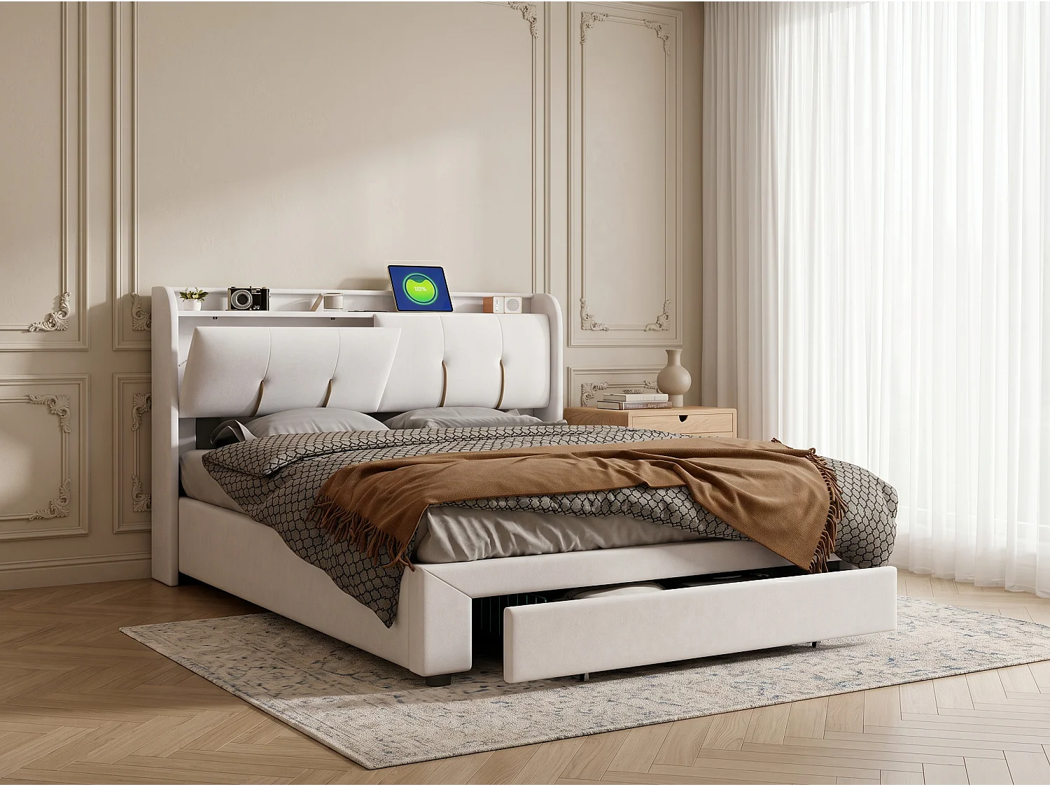 Lit coffre rembourré 140x200 cm - avec LED et USB - velours beige - sommier à lattes inclus