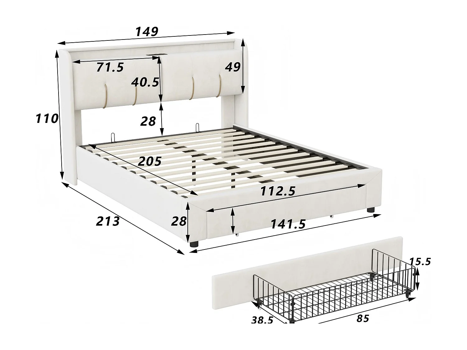Lit coffre rembourré 140x200 cm - avec LED et USB - velours beige - sommier à lattes inclus