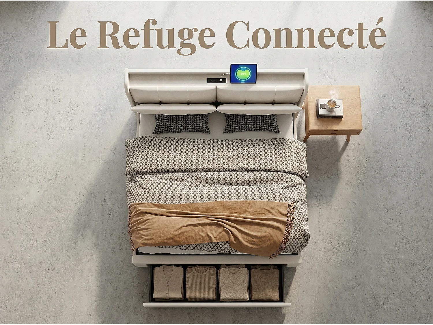 Lit coffre rembourré 140x200 cm - avec LED et USB - velours beige - sommier à lattes inclus