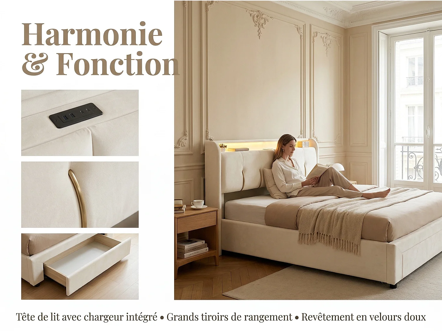 Lit coffre rembourré 140x200 cm - avec LED et USB - velours beige - sommier à lattes inclus