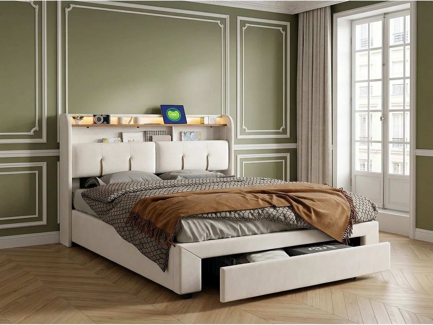 Lit coffre rembourré 140x200 cm - avec LED et USB - velours beige - sommier à lattes inclus