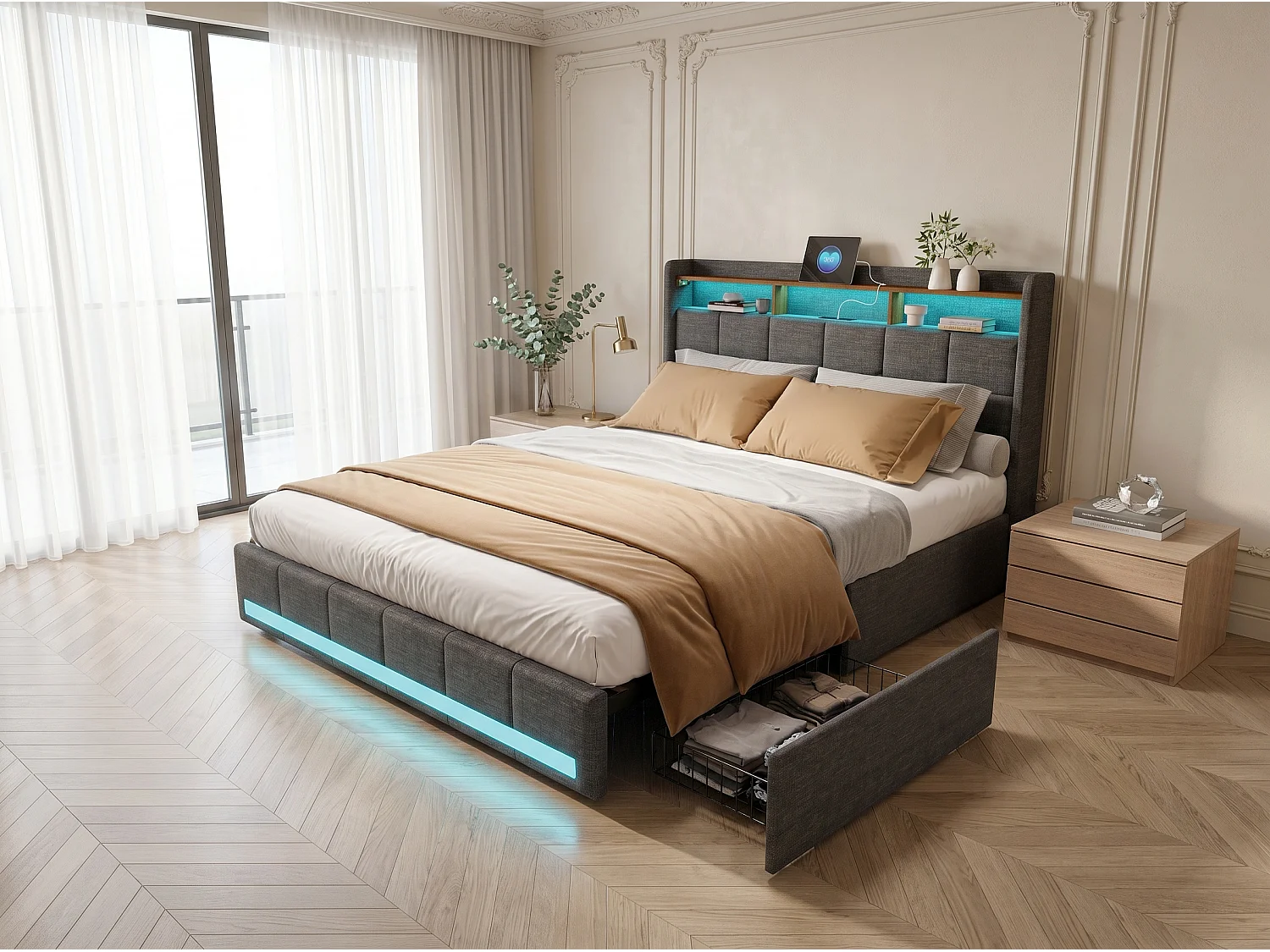 Lit coffre rembourré 140x200 cm - avec LED - prises USB - cuir PU - sommier à lattes - matelas non inclus