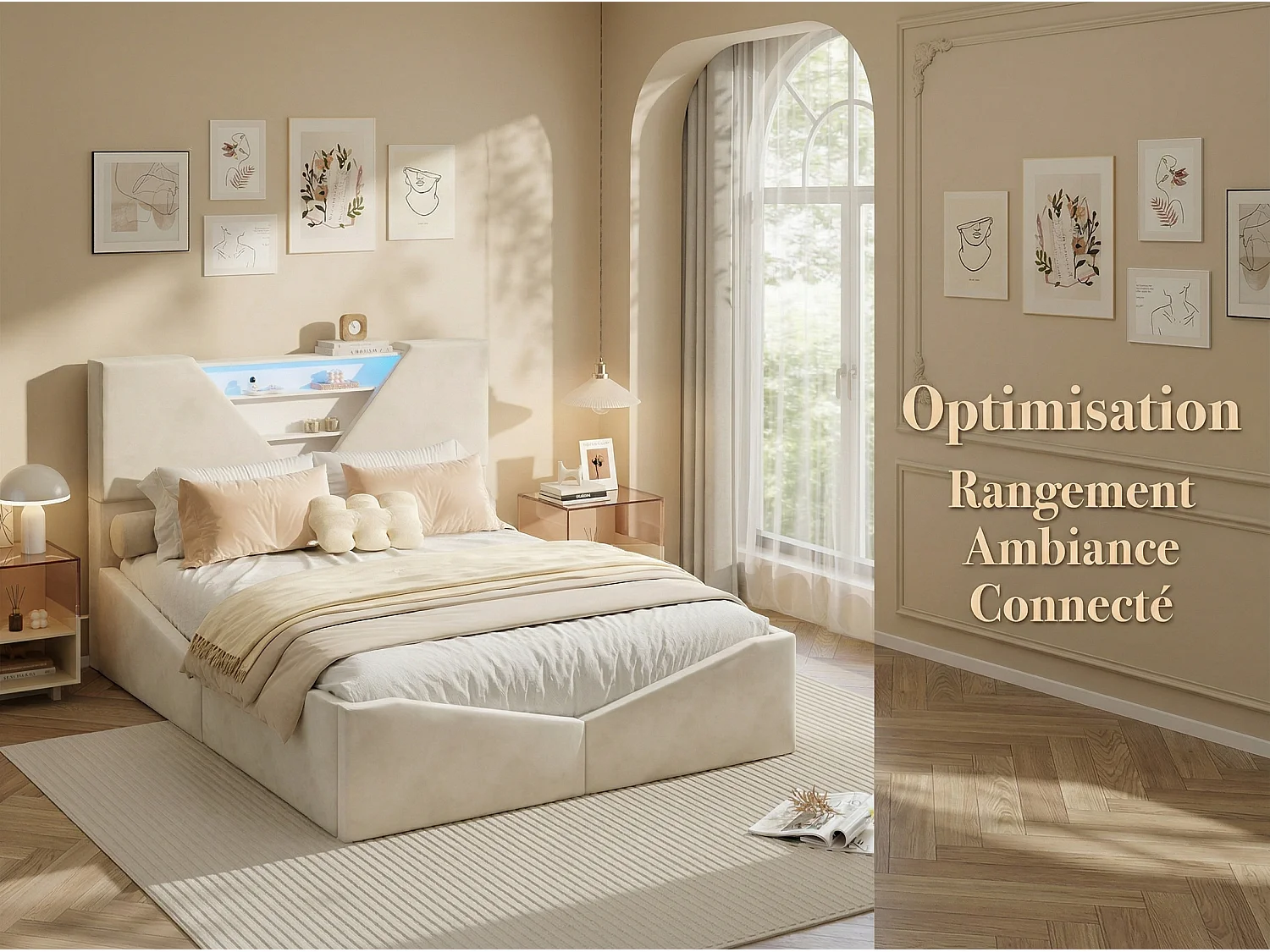 Lit coffre 140x190 cm avec tête de lit triangulaire - LEDs - Recharge sans fil - Sommier à lattes et espace de rangement intégré