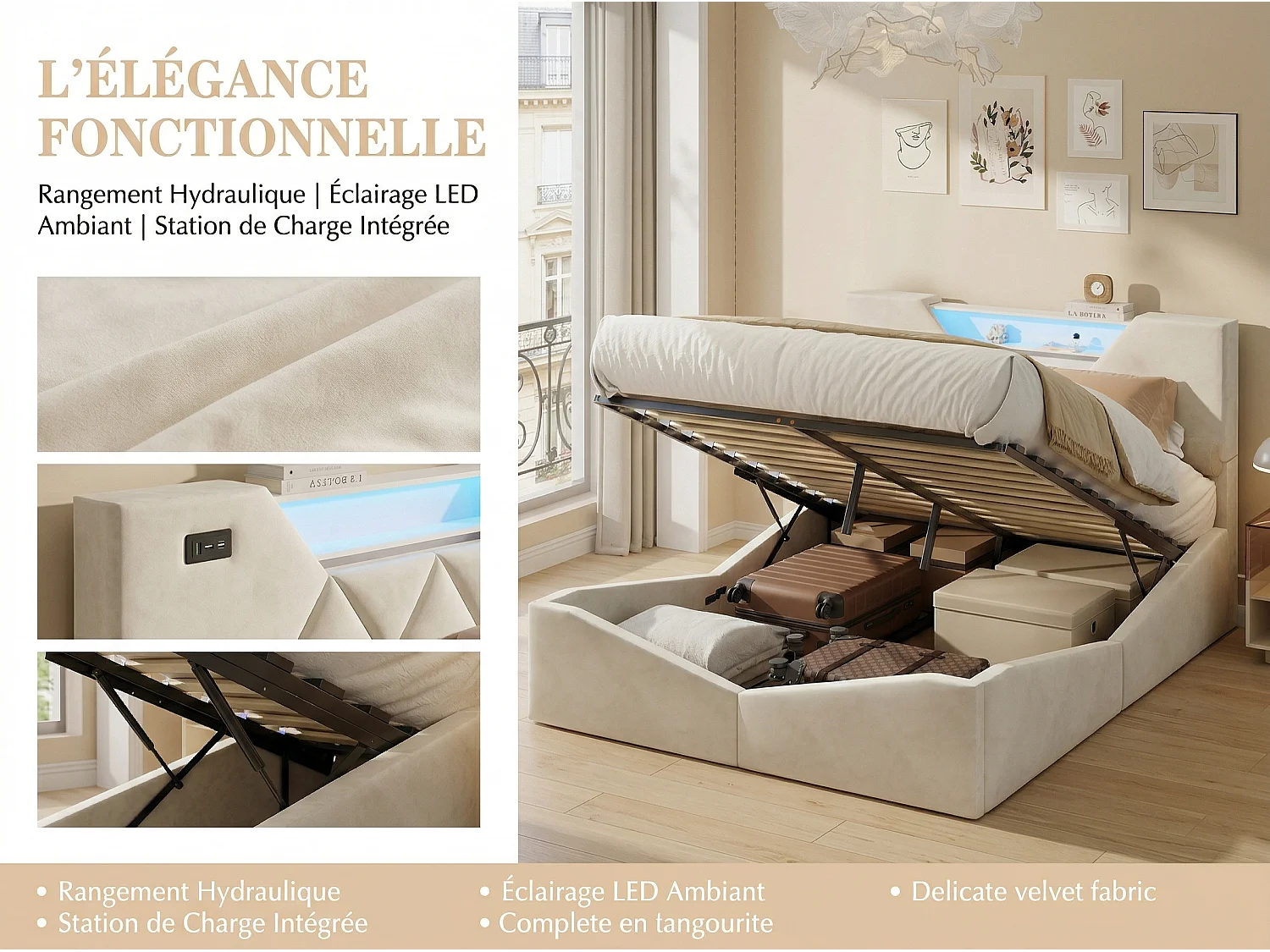 Lit coffre 140x190 cm avec tête de lit triangulaire - LEDs - Recharge sans fil - Sommier à lattes et espace de rangement intégré