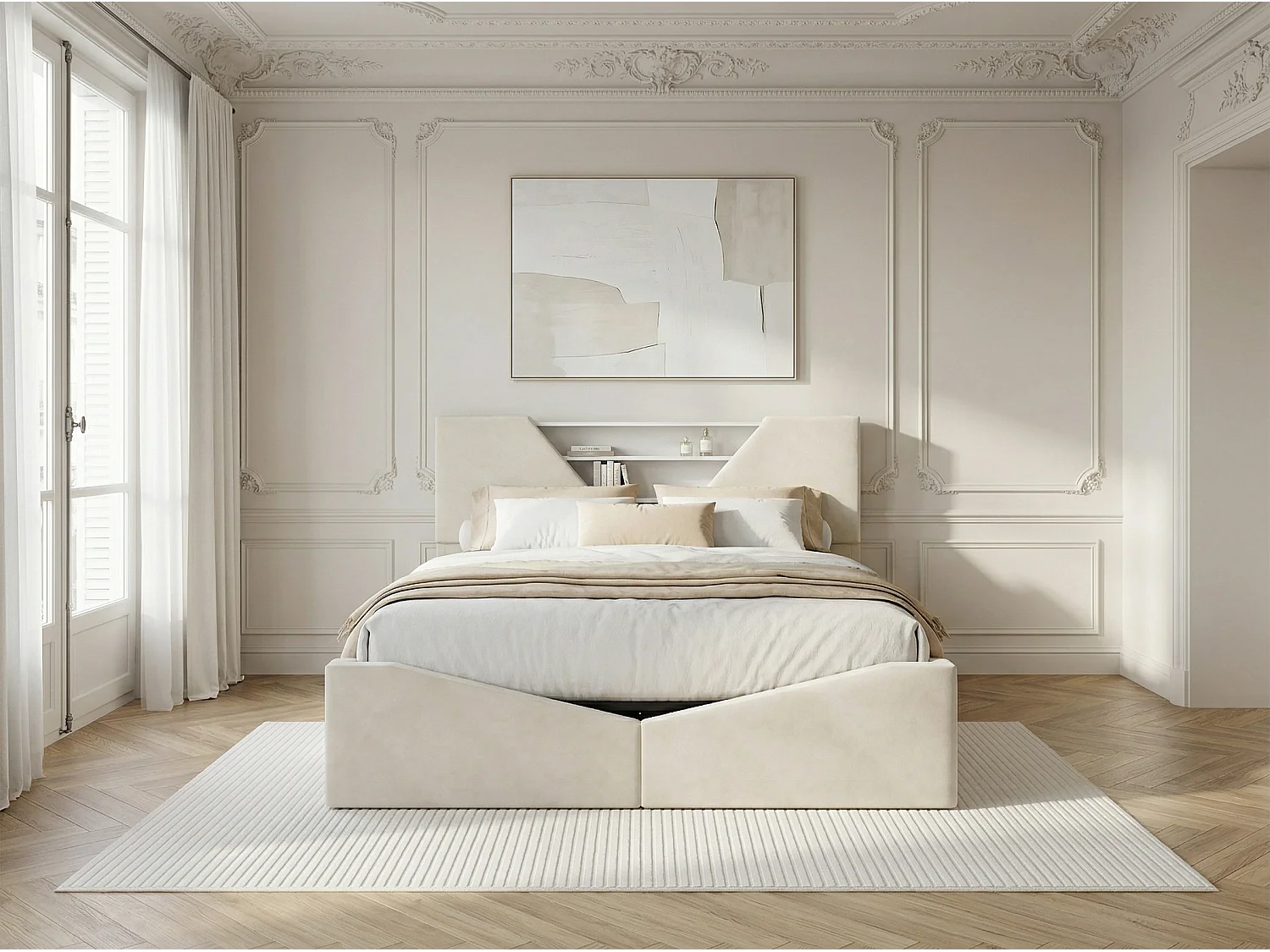 Lit coffre 140x190 cm avec tête de lit triangulaire - LEDs - Recharge sans fil - Sommier à lattes et espace de rangement intégré