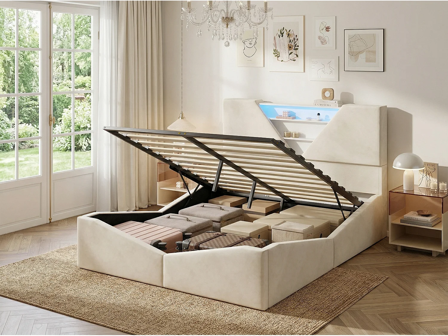 Lit coffre 140x190 cm avec tête de lit triangulaire - LEDs - Recharge sans fil - Sommier à lattes et espace de rangement intégré