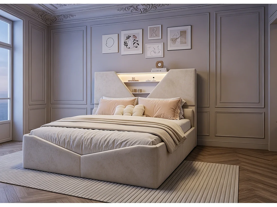 Lit coffre 140x190 cm avec tête de lit triangulaire - LEDs - Recharge sans fil - Sommier à lattes et espace de rangement intégré