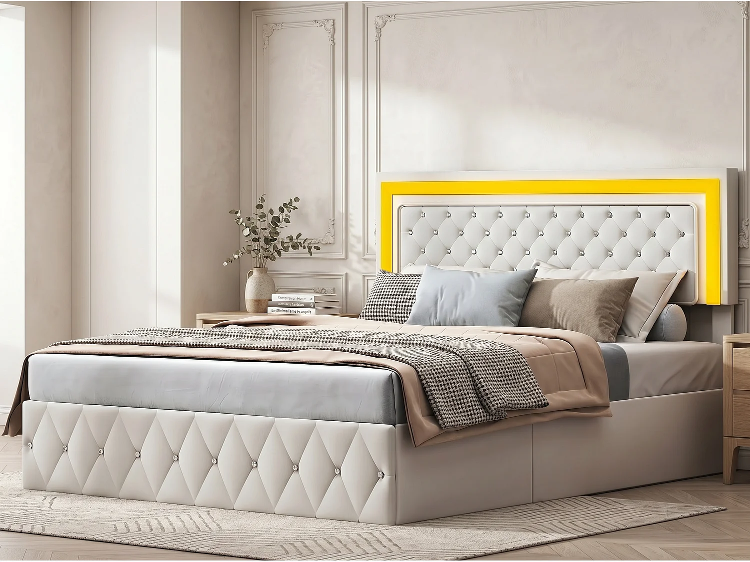 Lit coffre rembourré 140x200 cm - LED intégrée - Velours capitonné - Sommier relevable - Grand rangement