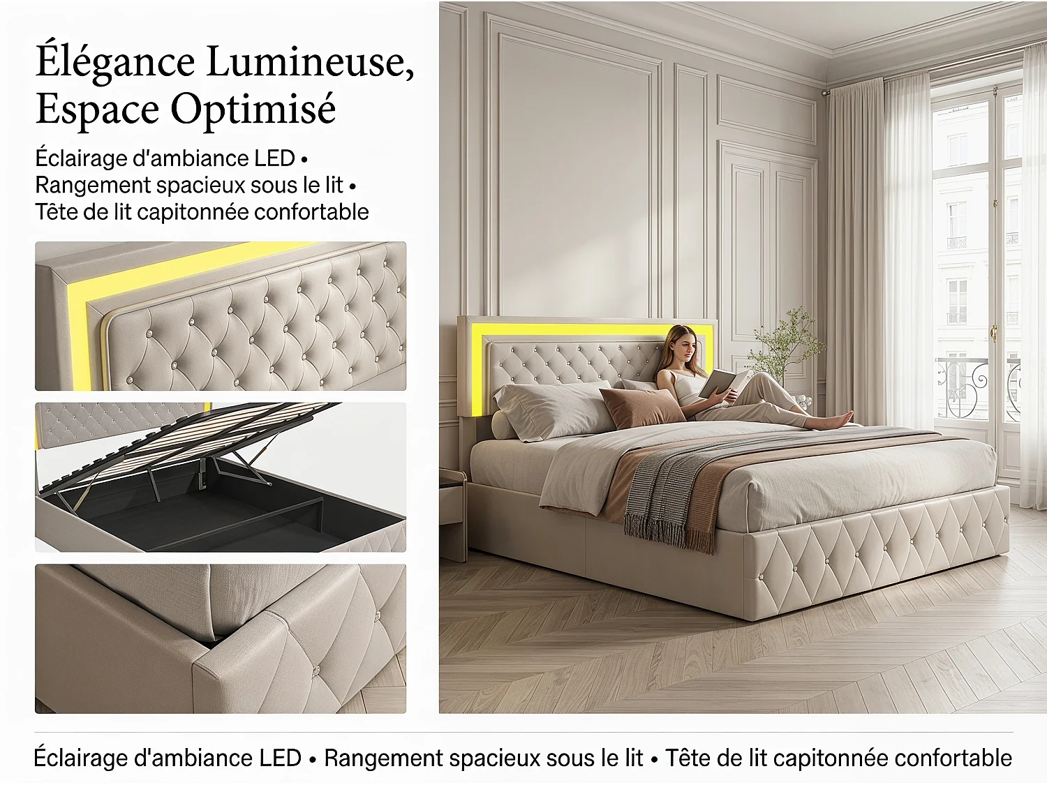 Lit coffre rembourré 140x200 cm - LED intégrée - Velours capitonné - Sommier relevable - Grand rangement