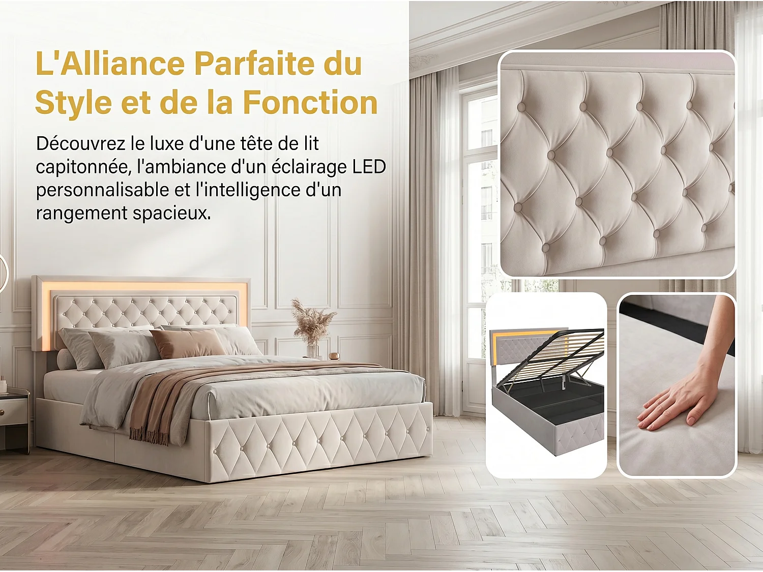 Lit coffre rembourré 140x200 cm - LED intégrée - Velours capitonné - Sommier relevable - Grand rangement