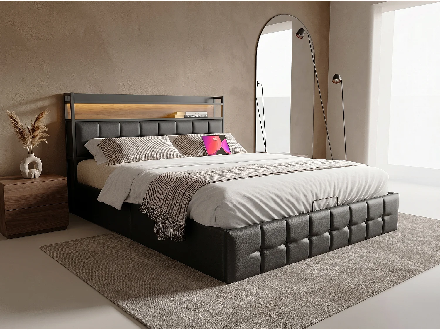 Lit coffre 140x200 cm avec tête de lit - LEDs RGB - Cuir PU noir - Prises et étagère - Sommier à lattes et espace de rangement hydraulique