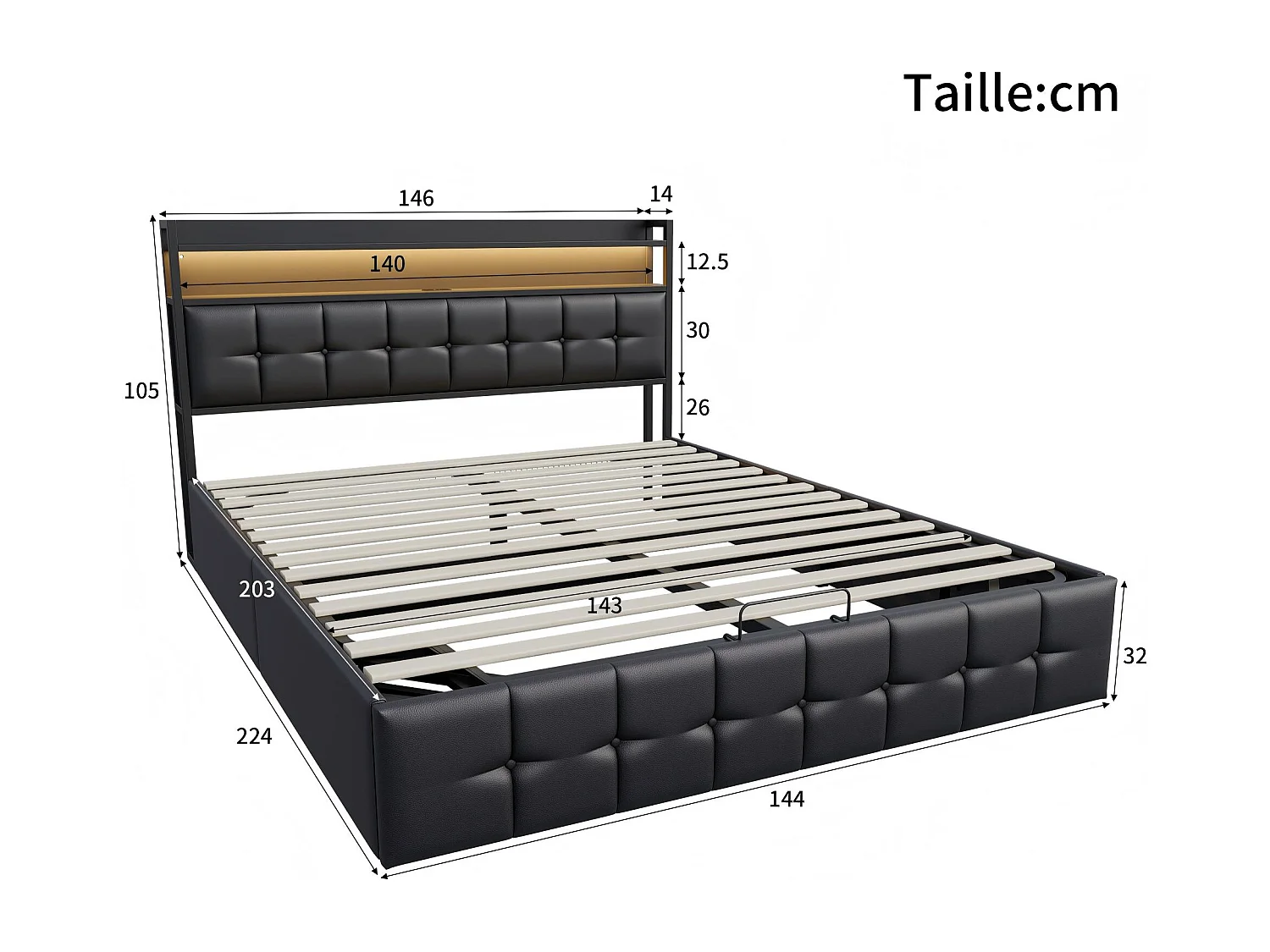 Lit coffre 140x200 cm avec tête de lit - LEDs RGB - Cuir PU noir - Prises et étagère - Sommier à lattes et espace de rangement hydraulique
