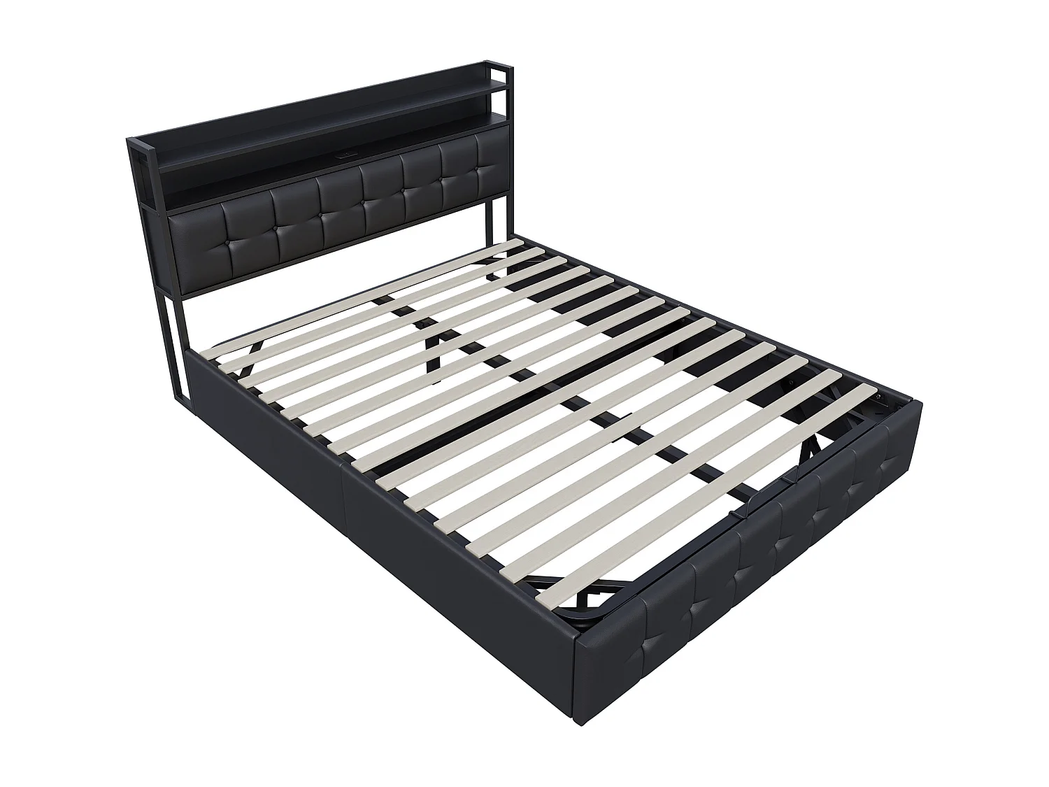 Lit coffre 140x200 cm avec tête de lit - LEDs RGB - Cuir PU noir - Prises et étagère - Sommier à lattes et espace de rangement hydraulique