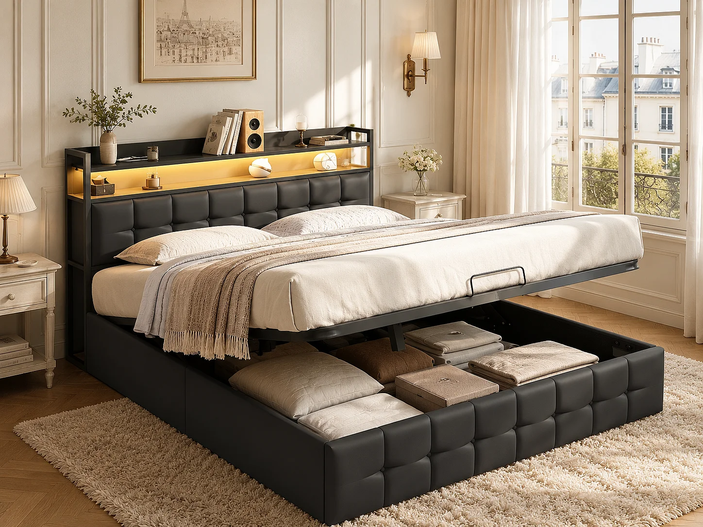 Lit coffre 140x200 cm - Cuir PU noir avec LED RGB, prises, étagère et rangement