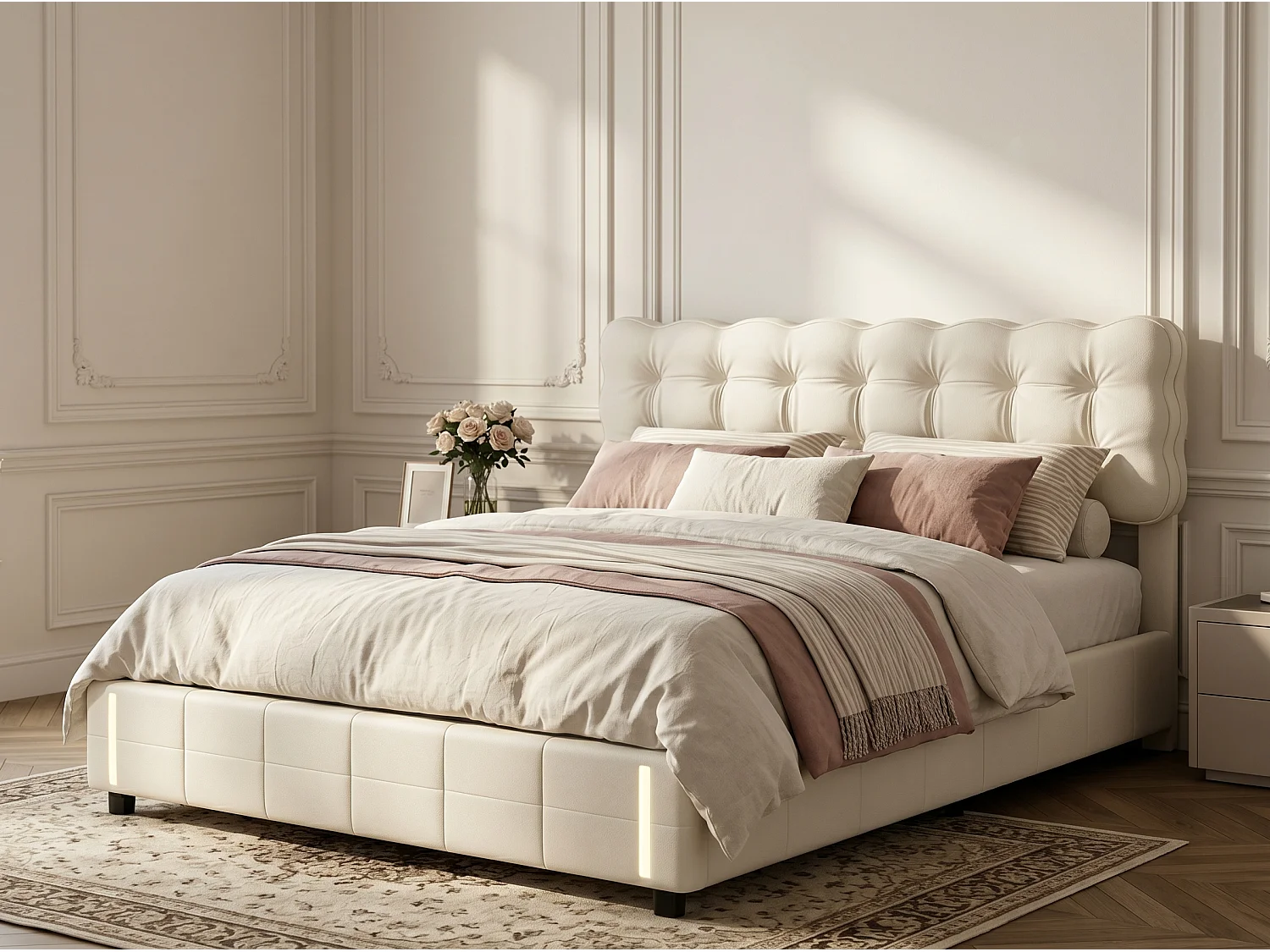 Lit coffre 160 x 200 cm - Velours beige - Détecteur LED et rangement