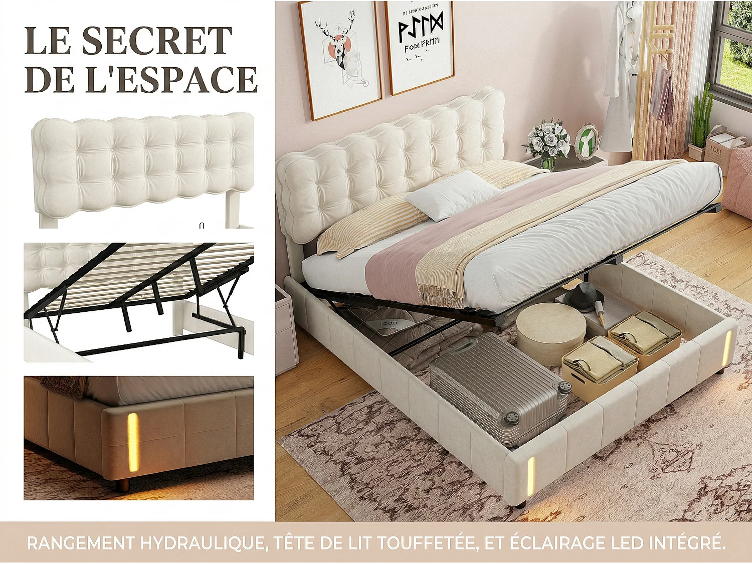 Lit coffre 160 x 200 cm - Velours beige - Détecteur LED et rangement