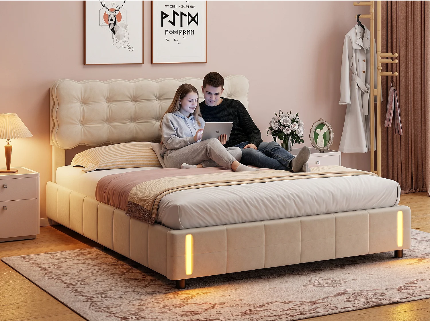 Lit coffre 160 x 200 cm - Velours beige - Détecteur LED et rangement