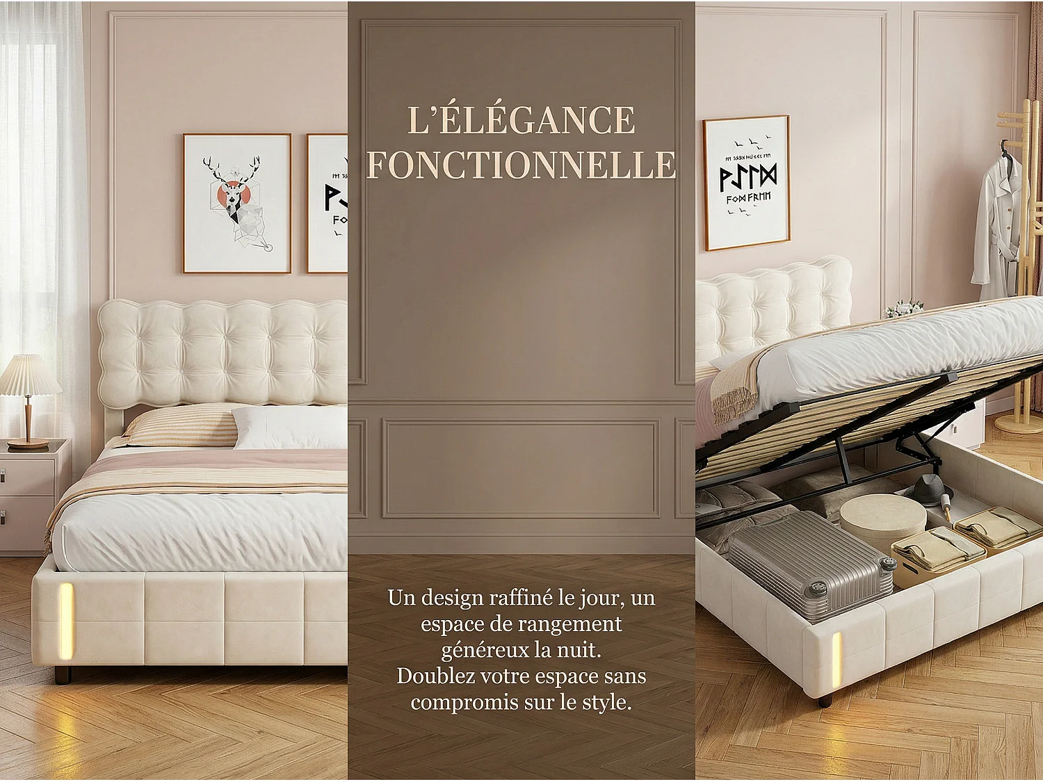 Lit coffre 160 x 200 cm - Velours beige - Détecteur LED et rangement