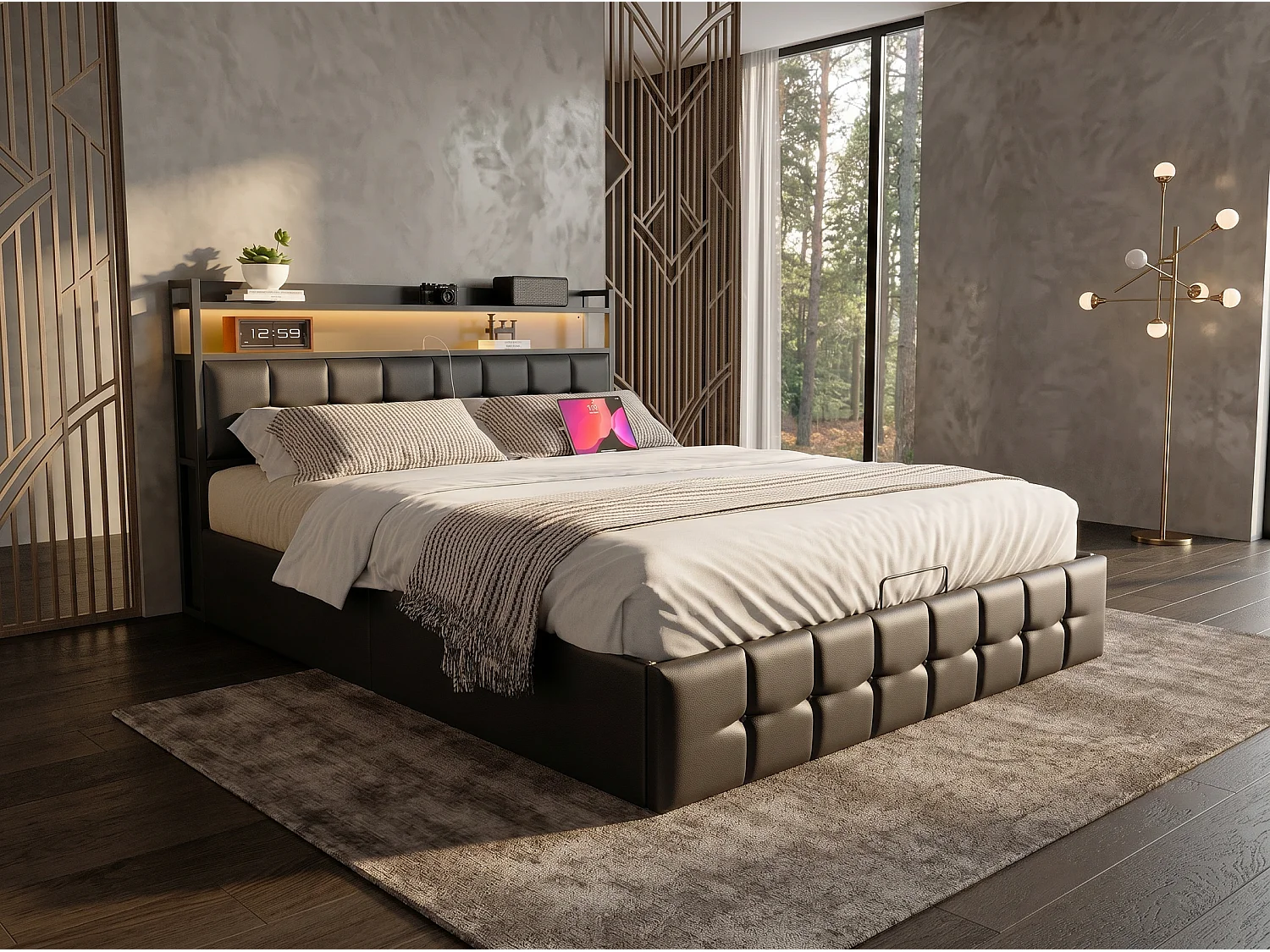 Lit coffre 160x200 cm avec tête de lit - LEDs RGB - Cuir PU noir - Prises et étagère - Sommier à lattes et espace de rangement hydraulique