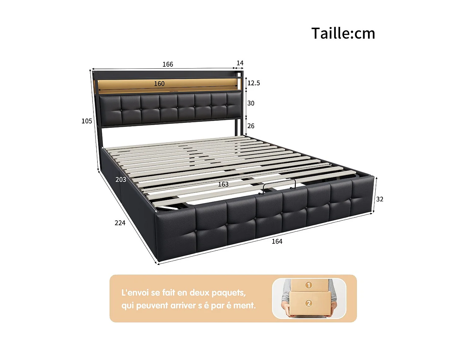 Lit coffre 160x200 cm avec tête de lit - LEDs RGB - Cuir PU noir - Prises et étagère - Sommier à lattes et espace de rangement hydraulique