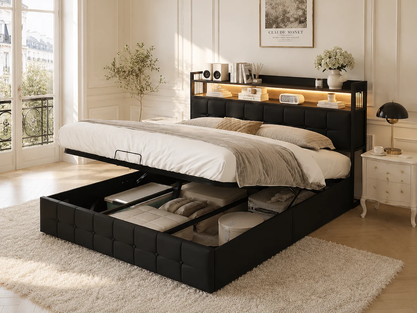 Lit coffre 160x200 cm - Cuir PU noir avec LED RGB, prises, étagère et rangement