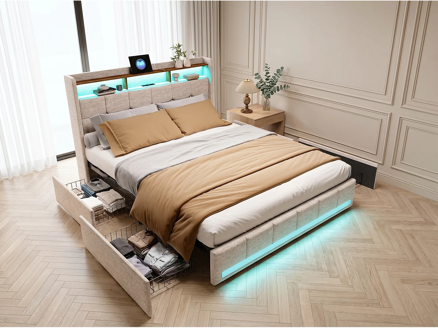 Lit coffre rembourré 140x190 cm - avec LED - prises USB - cuir PU - sommier à lattes - matelas non inclus