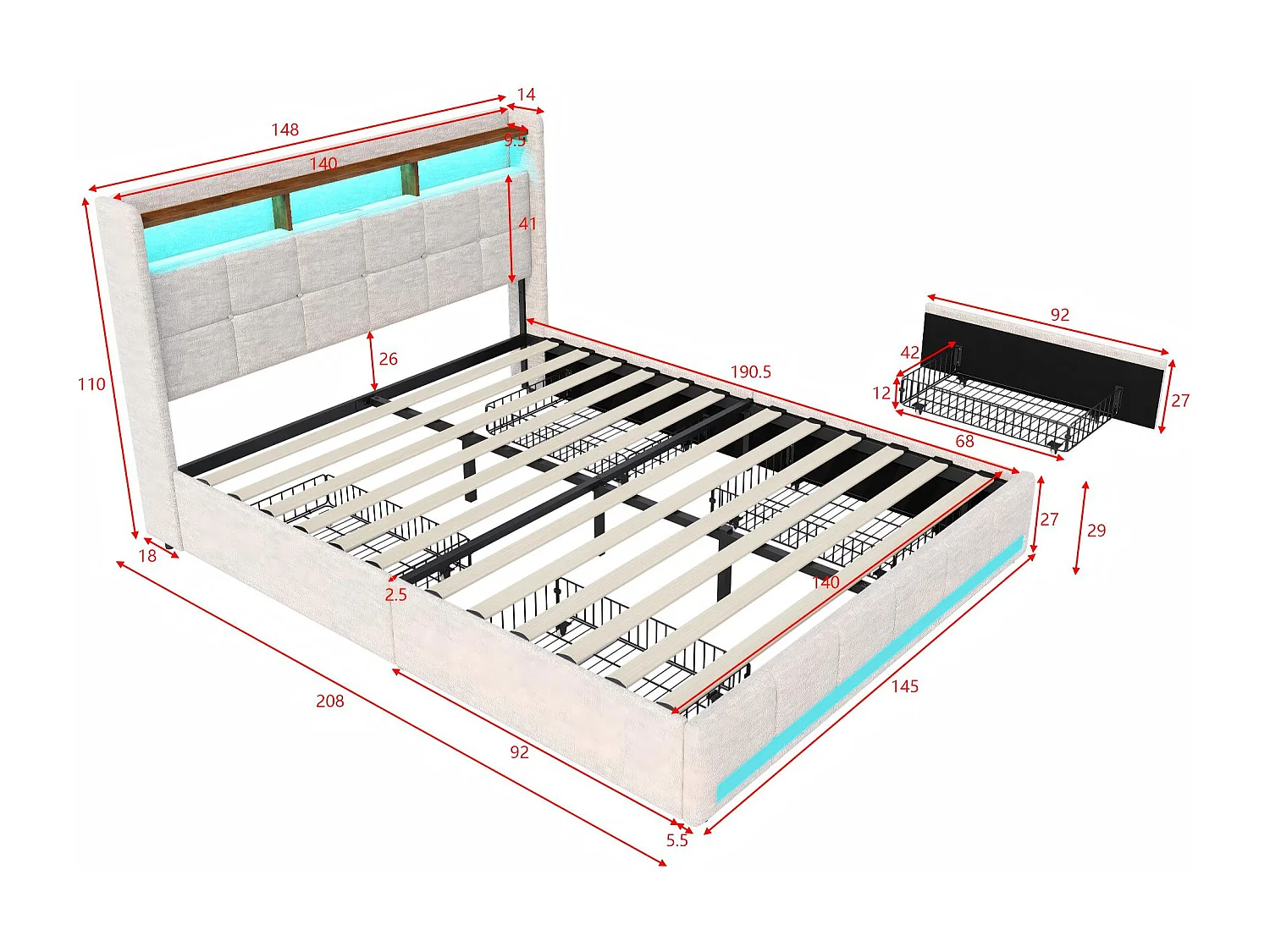Lit coffre rembourré 140x190 cm - avec LED - prises USB - cuir PU - sommier à lattes - matelas non inclus