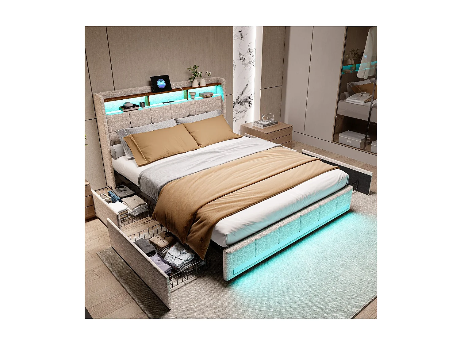 Lit coffre rembourré 140x190 cm - avec LED - prises USB - cuir PU - sommier à lattes - matelas non inclus
